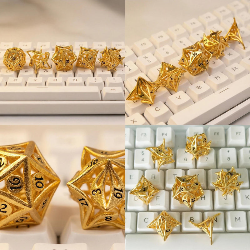 7-piece metal DND dice set — warm copper-gold with hollow floral cut-out patterns