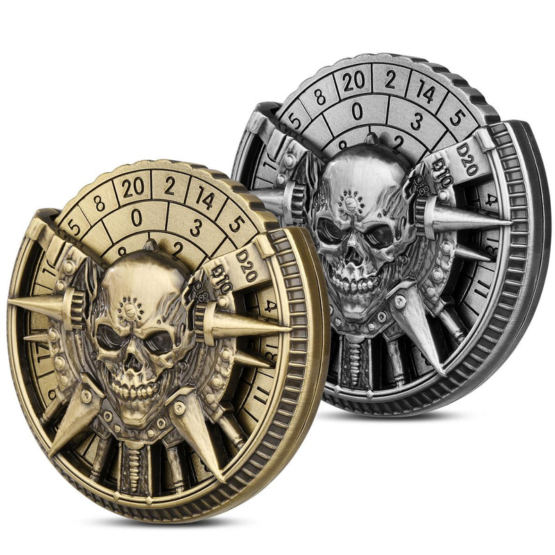 7-function skull fidget spinner with D6 D8 D20 built in — DND gaming accessory