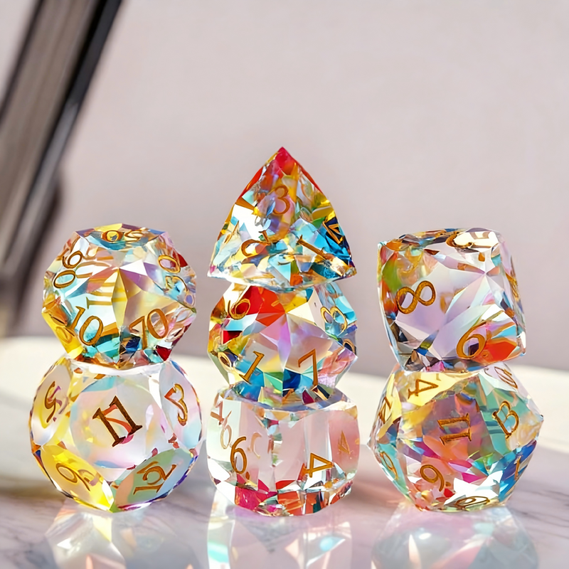 clear with full-spectrum prism rainbow refractions polyhedral dice — D4 D6 D8 D10 D12 D20 for D&D 5e