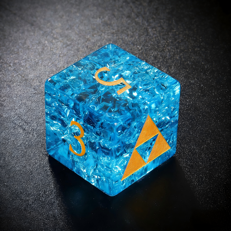 Close-up of K9 crystal D20 die — clear blue with cracked ice internal structure for tabletop RPG