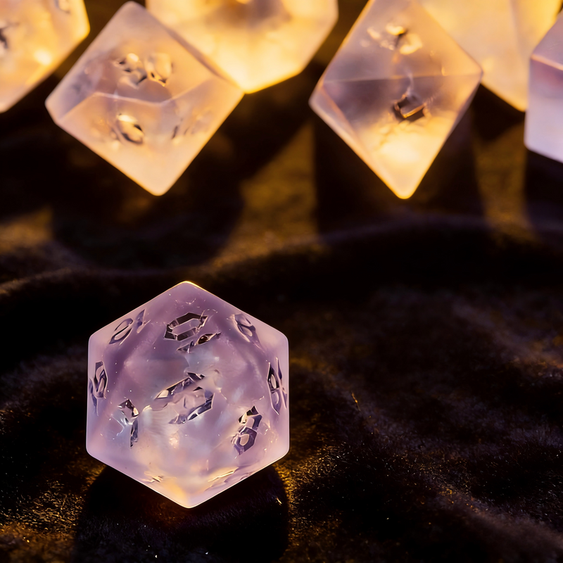 soft lavender frosted with white crackle veining polyhedral dice — D4 D6 D8 D10 D12 D20 for D&D 5e