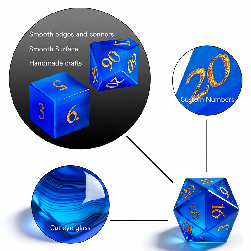 blue cat's eye stone polyhedral dice for Dungeons and Dragons — 7-piece set