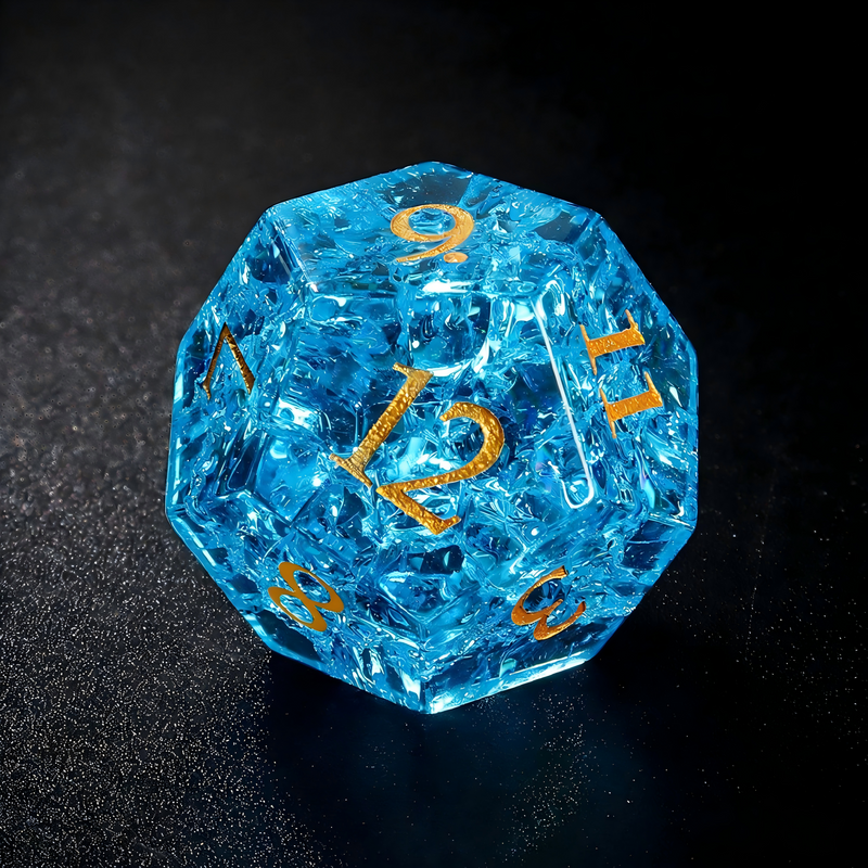 K9 crystal polyhedral dice for Dungeons and Dragons — clear blue with cracked ice internal structure