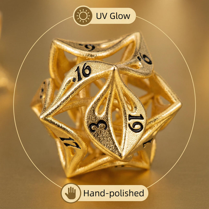 Close-up of warm copper-gold with hollow floral cut-out patterns metal D20 die for tabletop RPG