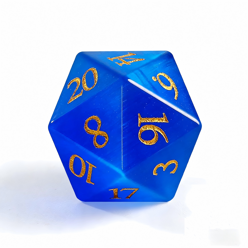 Close-up of blue cat's eye stone D20 showing light band effect — tabletop RPG dice