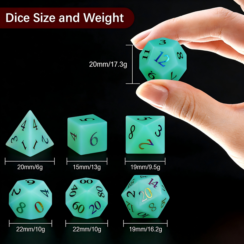 translucent seafoam green with opalescent shimmer polyhedral dice — D4 D6 D8 D10 D12 D20 for D&D 5e