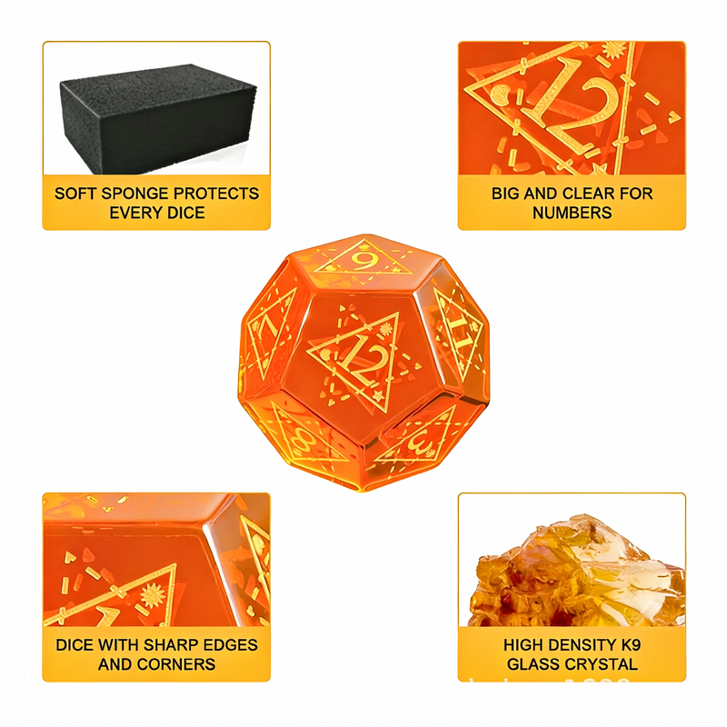 translucent amber-orange glowing glass polyhedral dice — D4 D6 D8 D10 D12 D20 for D&D 5e