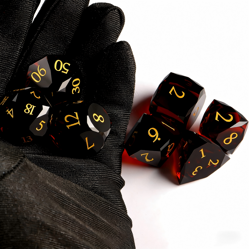 deep crimson red with geometric facets polyhedral dice — D4 D6 D8 D10 D12 D20 for D&D 5e