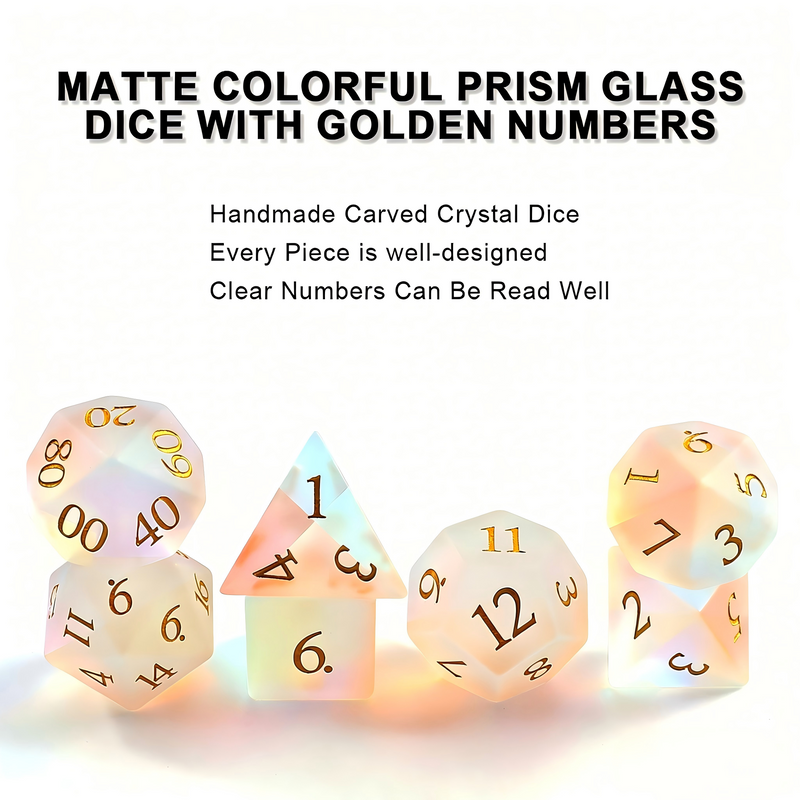 matte white with prismatic rainbow iridescence crystal dice close-up — engraved numerals for DND