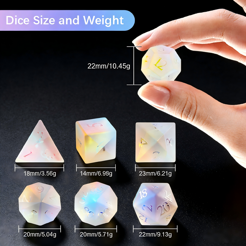 Frosted Iridescent DND Dice Set — premium crystal dice for tabletop RPG