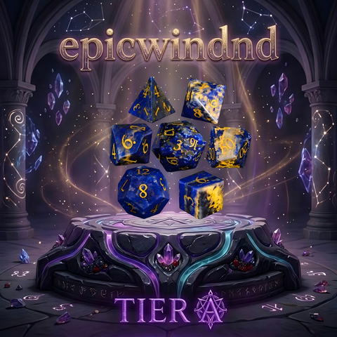 lapis lazuli polyhedral dice set for D&D — deep celestial blue with gold pyrite flecks, 7pcs