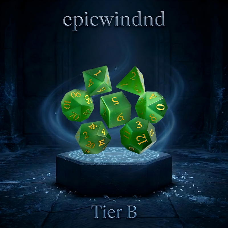 green cat's eye stone polyhedral dice set for D&D — deep forest green with bright light streak, 7pcs