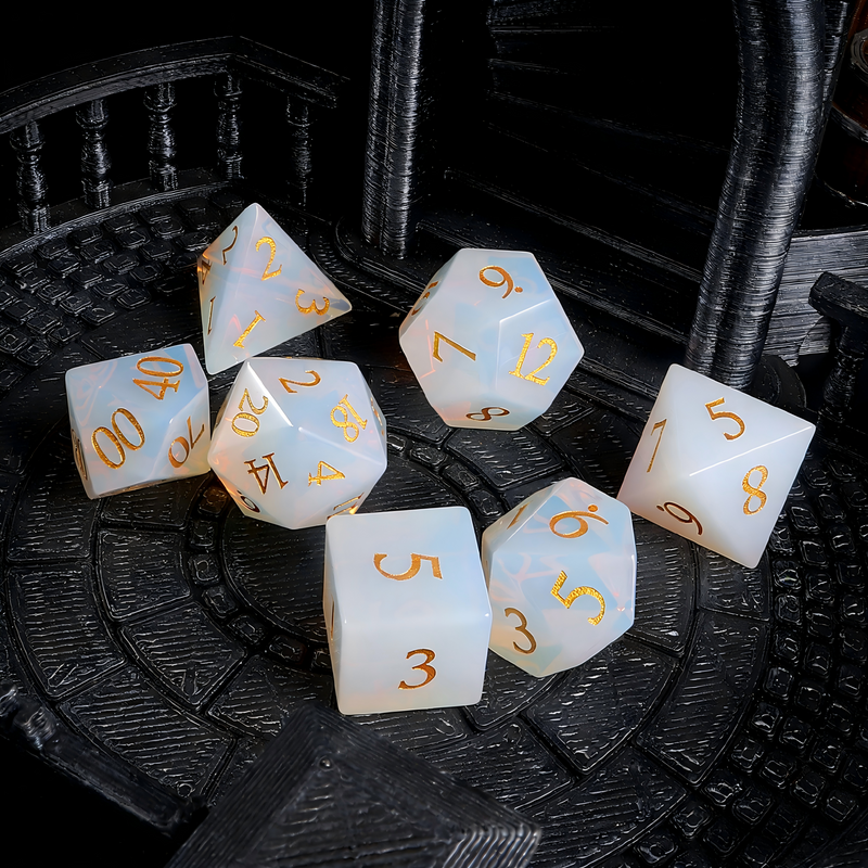 milky white shifting blue and pink polyhedral dice — D4 D6 D8 D10 D12 D20 for D&D 5e