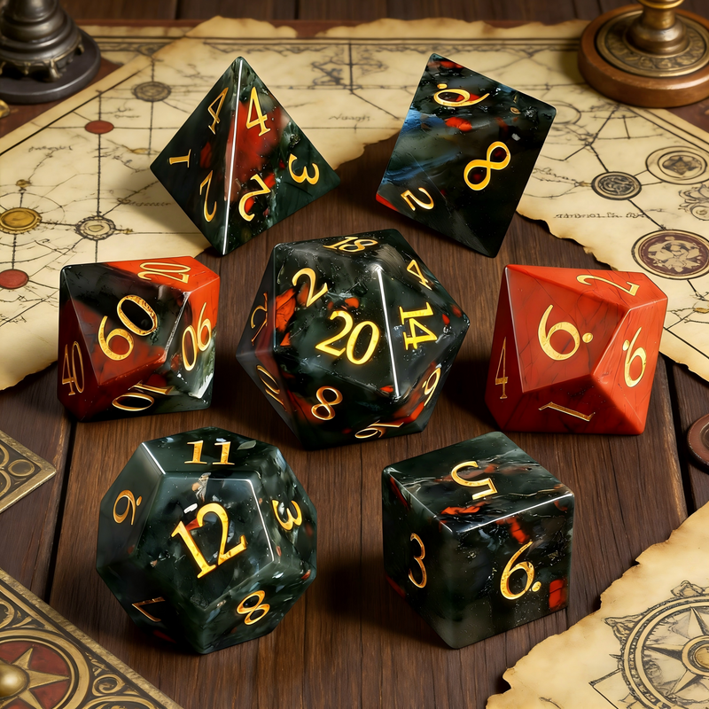 7-piece natural bloodstone DND dice set including D4 D6 D8 D10 D12 D20 — deep green chalcedony with red iron oxide spots