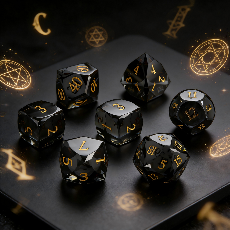 7-piece clear charcoal grey with smoke-and-glass effect crystal DND dice set for tabletop RPG