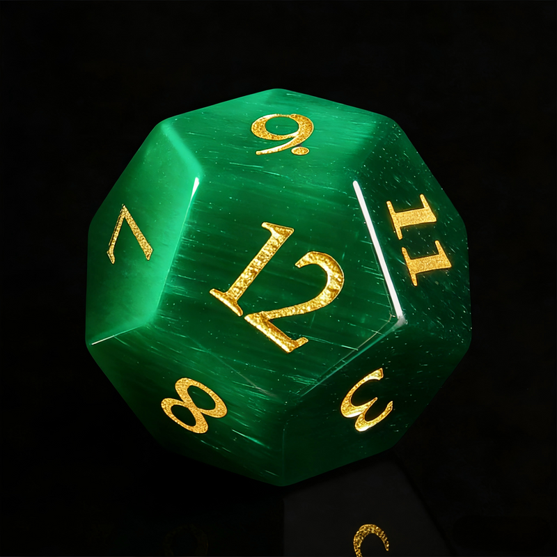 Close-up of jade green cat's eye stone D20 showing light band effect — tabletop RPG dice