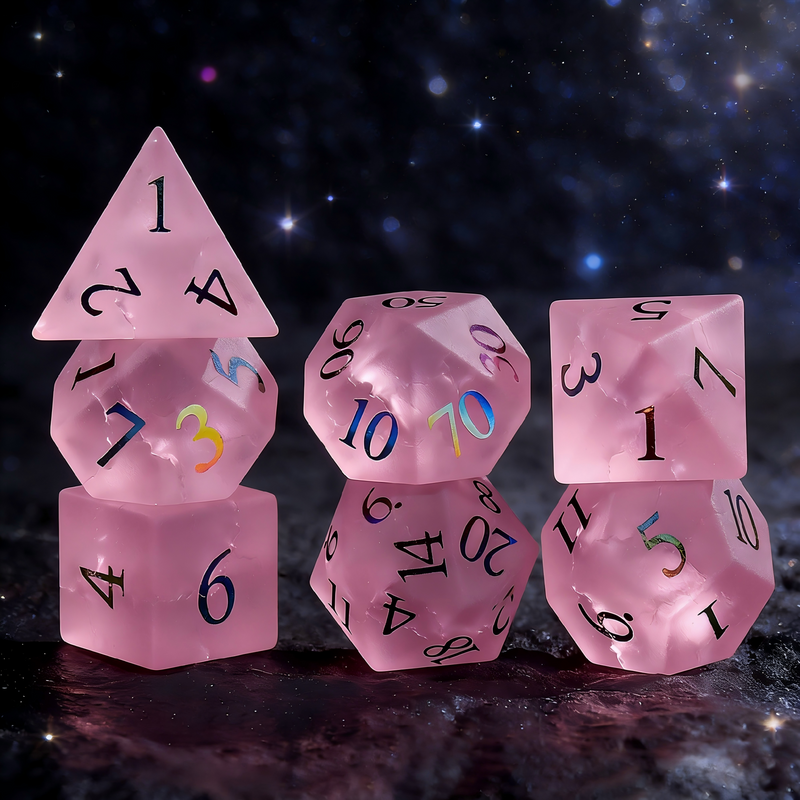 Pink Frosted Crystal DND Dice Set — premium crystal dice for tabletop RPG