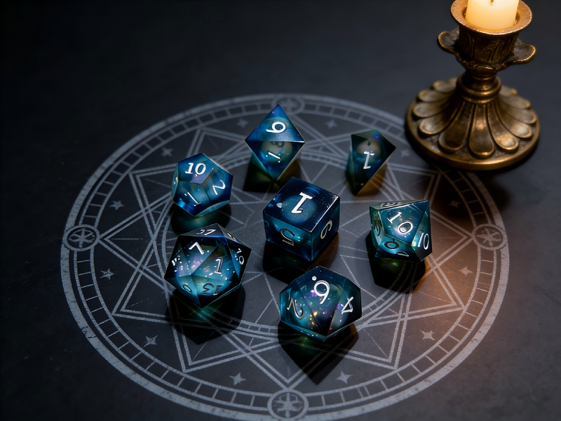 7-piece clear with swirling iridescent liquid core DND dice set for tabletop RPG