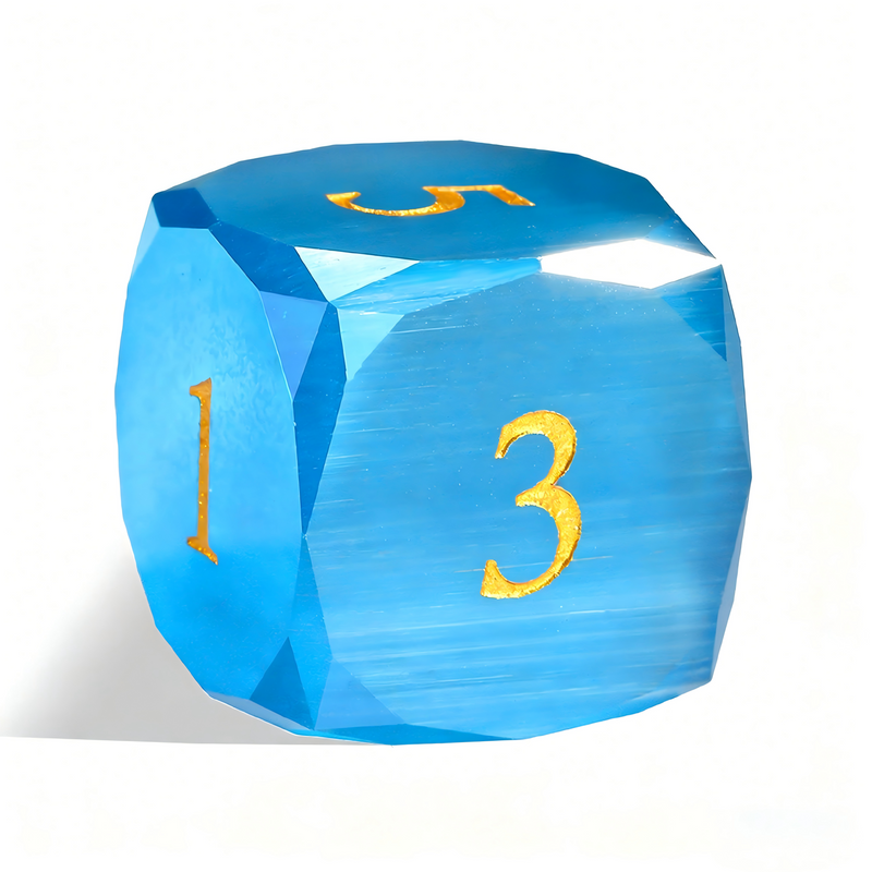 Close-up of blue cat's eye stone D20 showing light band effect — tabletop RPG dice
