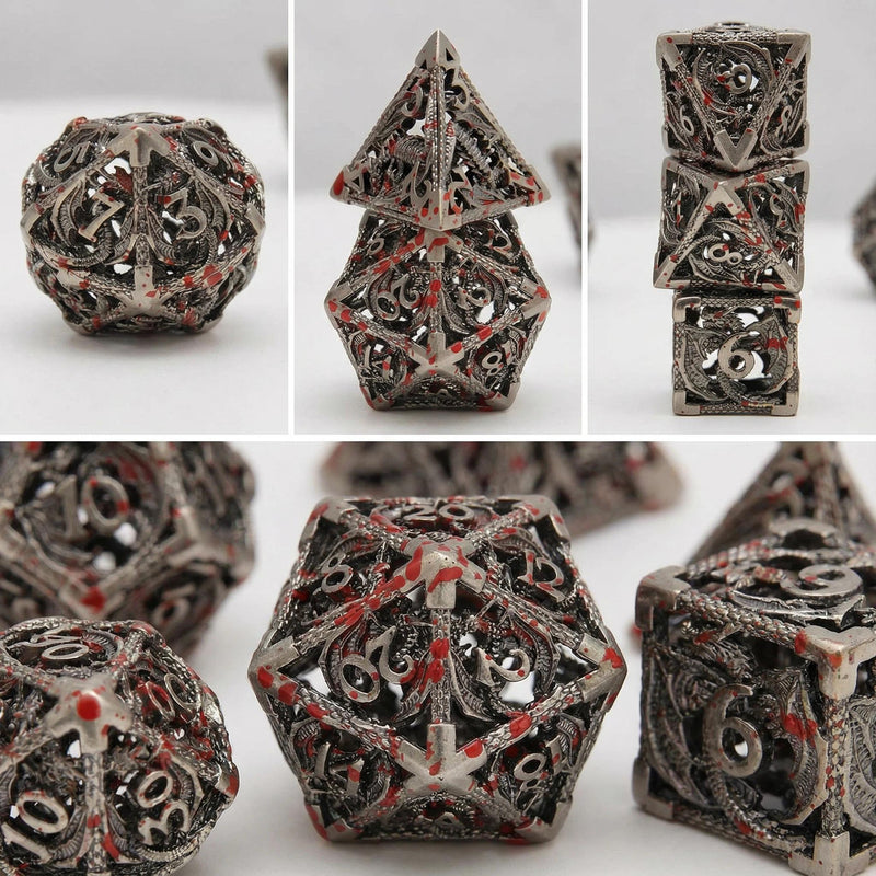 Hollow Cthulhu Dragon Pattern Metal D20 Dice Set — polyhedral dice set for D&D / DND tabletop RPG
