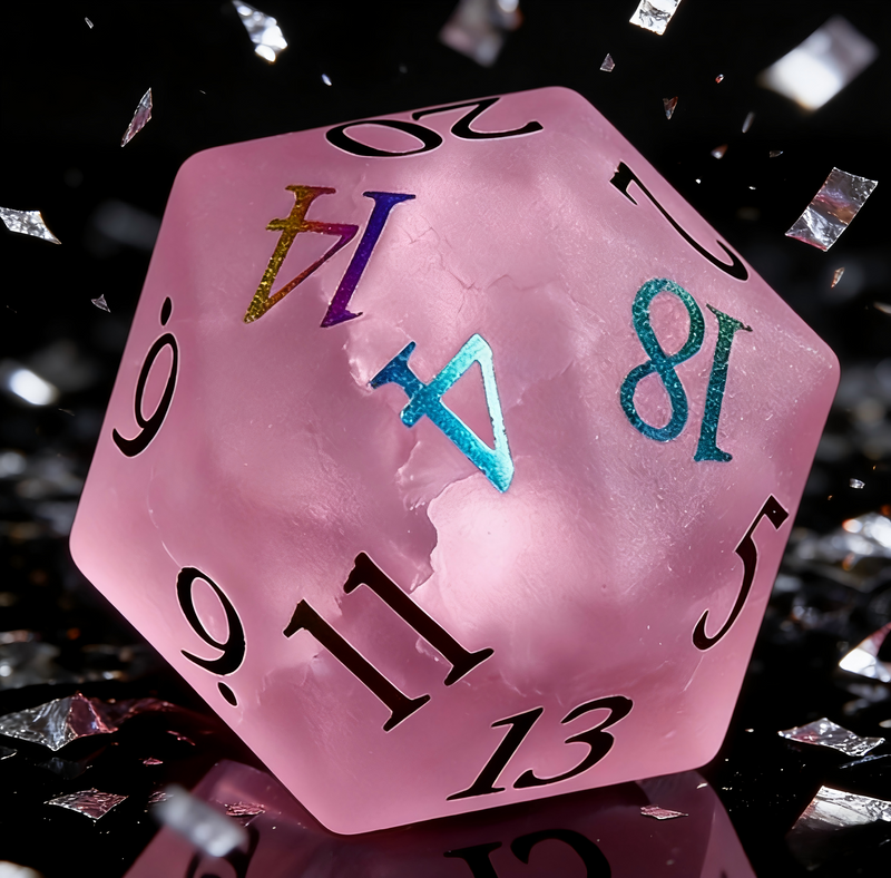 Close-up of blush pink with matte frosted finish crystal D20 for Dungeons and Dragons