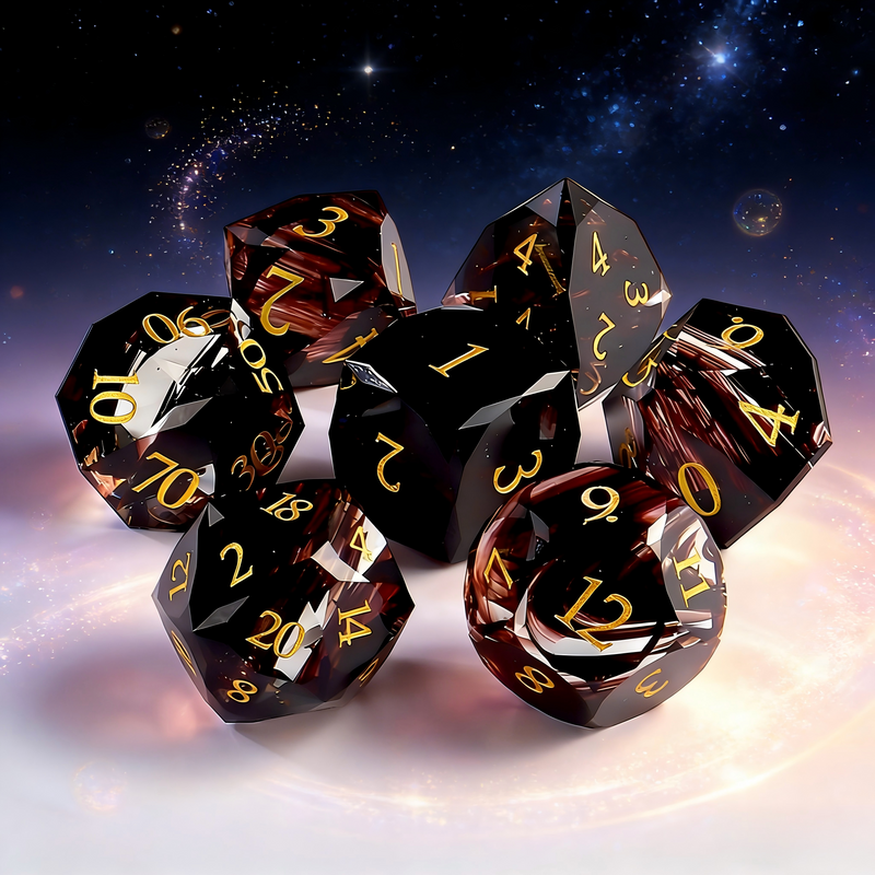7-piece Golden Swan natural stone DND dice set including D4 D6 D8 D10 D12 D20 — warm sandy tones with golden-brown veining