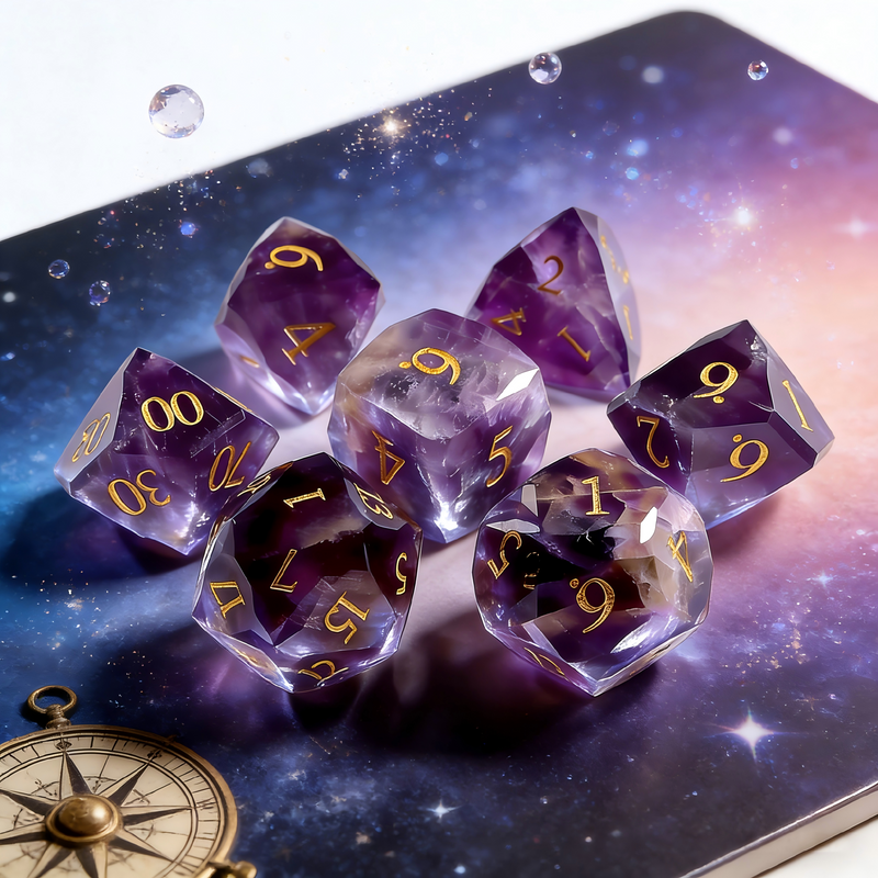 7-piece natural amethyst crystal DND dice set including D4 D6 D8 D10 D12 D20 — deep violet purple with crystal formations