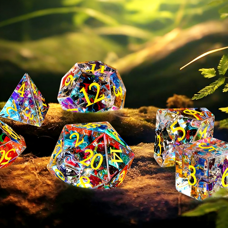 7-piece K9 crystal DND dice set — clear with full-spectrum rainbow internal fractures