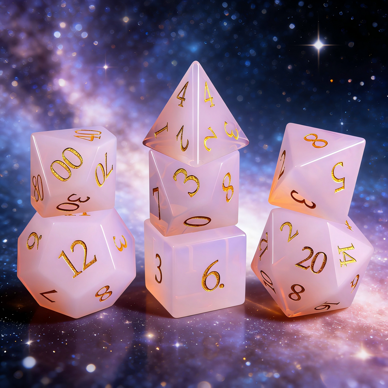 Pink Opalite Polyhedral Dice Set — premium crystal dice for tabletop RPG