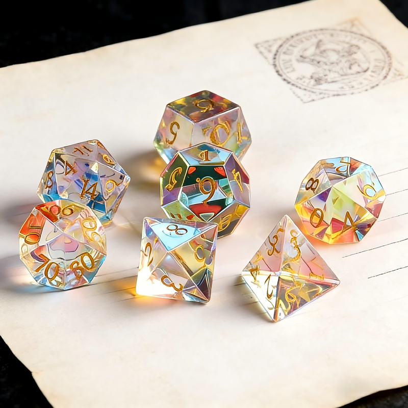 7-piece clear with holographic rainbow surface iridescence crystal DND dice set for tabletop RPG