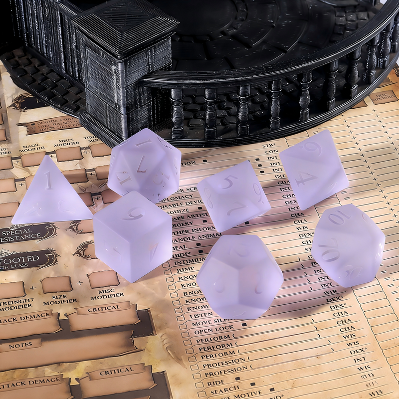 Close-up of soft matte lavender with frosted finish crystal D20 for Dungeons and Dragons