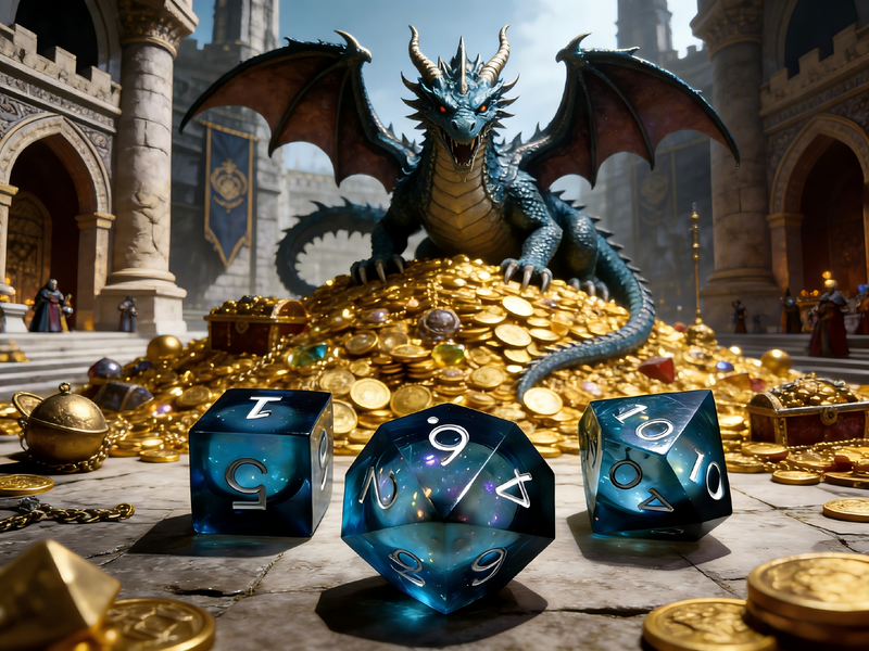 Close-up of clear with swirling iridescent liquid core resin D20 die for Dungeons and Dragons