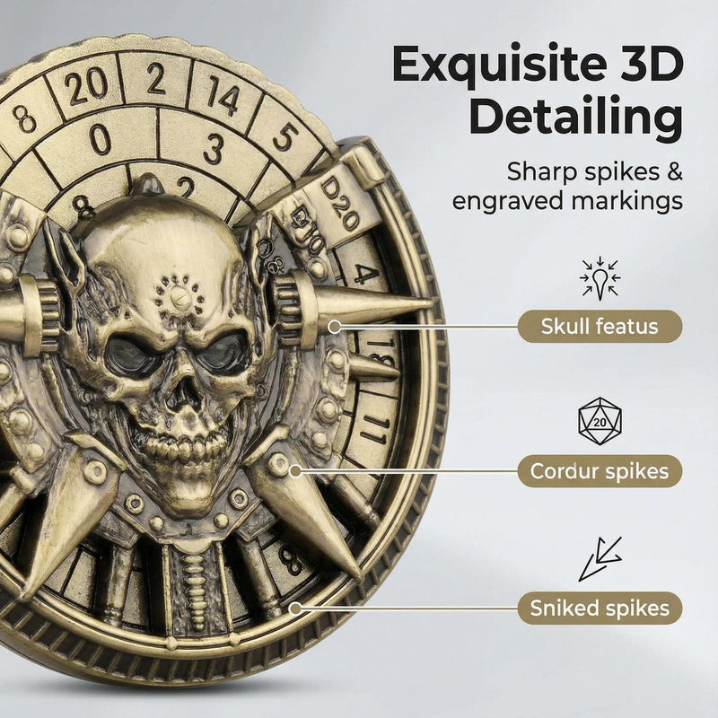 Close-up of 7-in-1 Skull Dice Spinner — tabletop RPG dice set