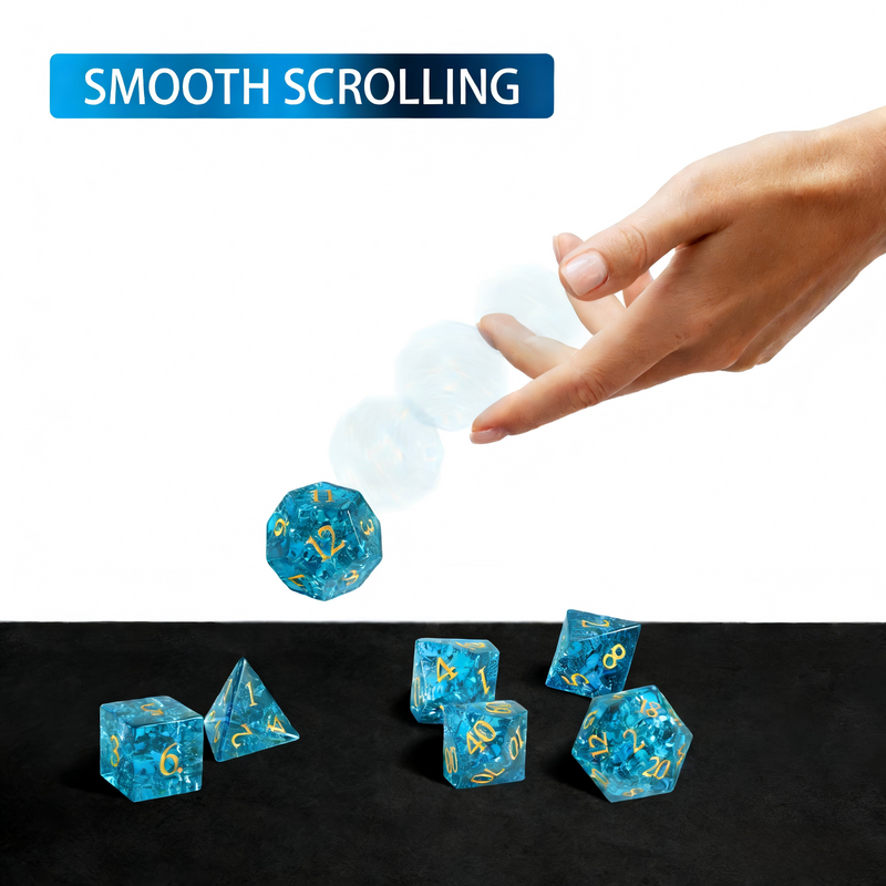K9 crystal polyhedral dice for Dungeons and Dragons — clear blue with internal shattered fracture pattern