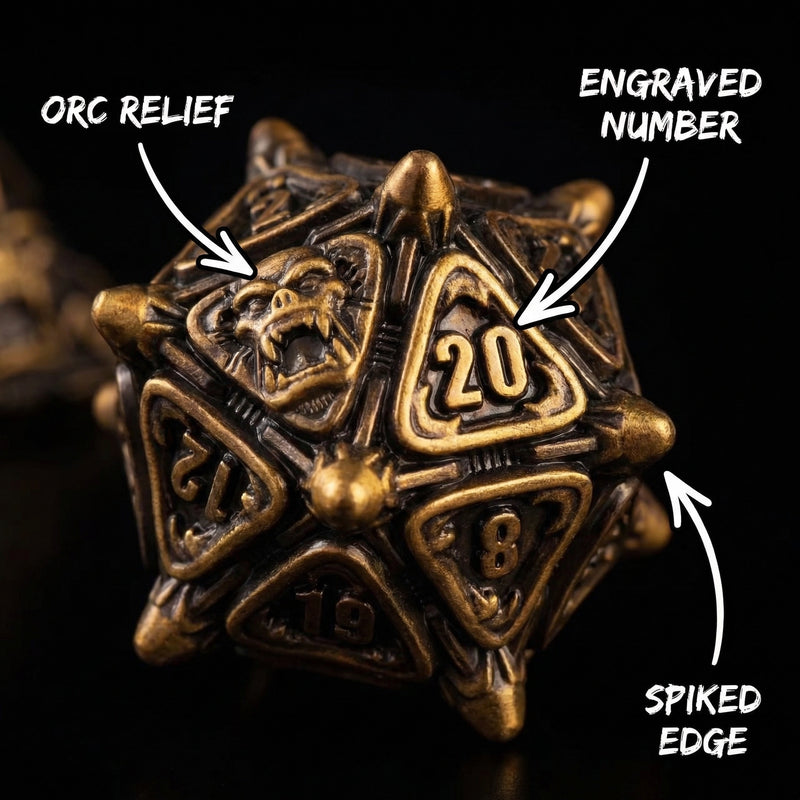 Close-up of dark iron grey with raised spike border metal D20 die for tabletop RPG