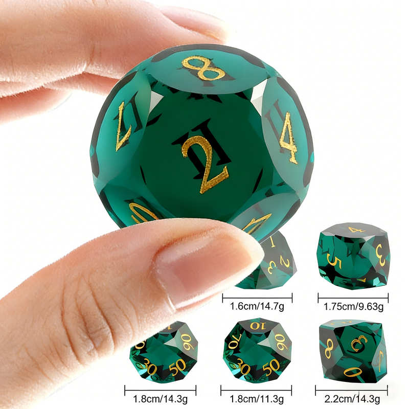 K9 crystal polyhedral dice for Dungeons and Dragons — rich olive green with sharp diamond facets
