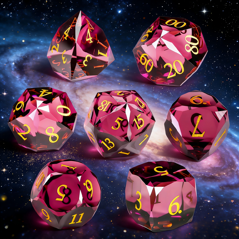 rose-tinted red premium glass crystal dice close-up — engraved numerals for DND