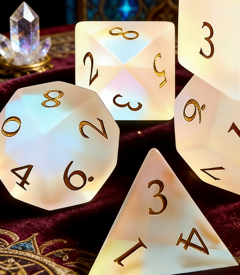 Matte Iridescent Prism Crystal Dice Set — premium crystal dice for tabletop RPG