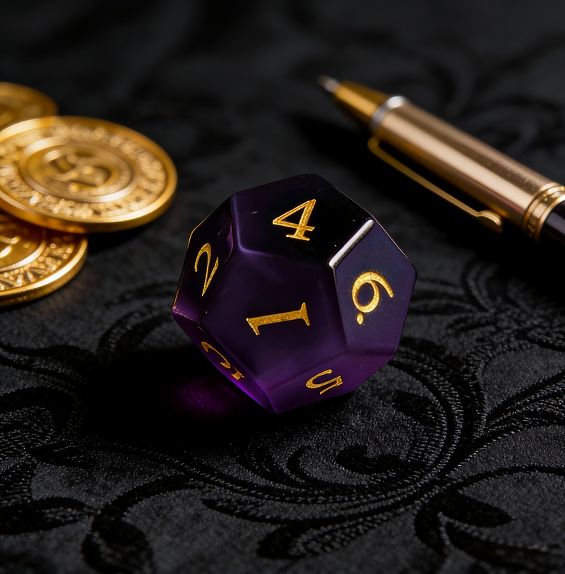 Close-up of purple cat's eye stone D20 showing light band effect — tabletop RPG dice