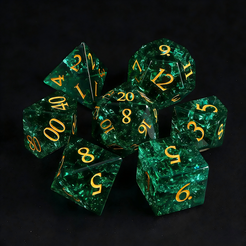 K9 crystal polyhedral dice for Dungeons and Dragons — cool green with broken jade fracture pattern