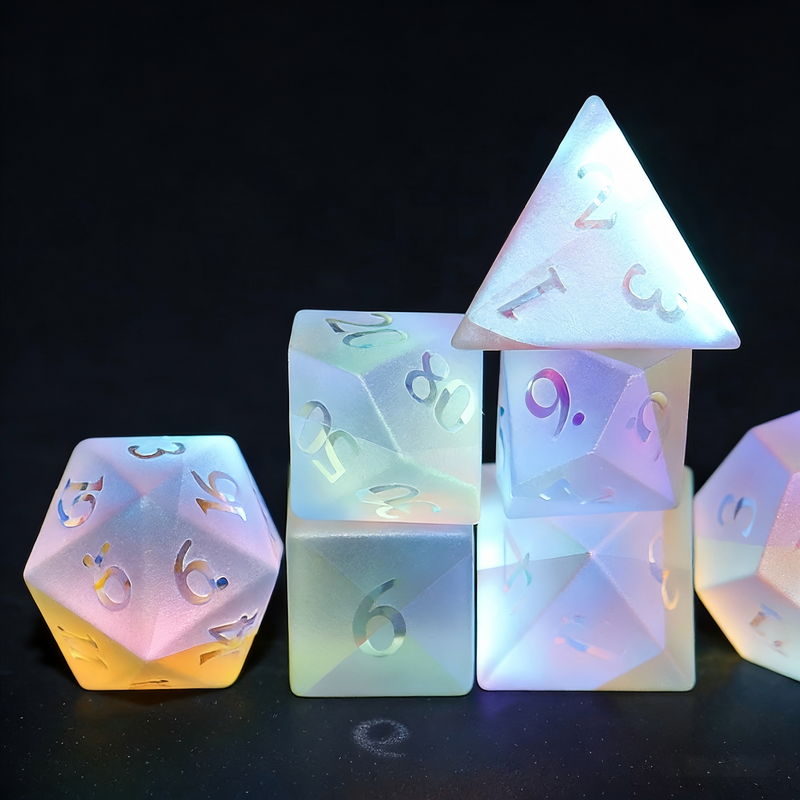 Close-up of frosted white with rainbow iridescent color shift crystal D20 for Dungeons and Dragons