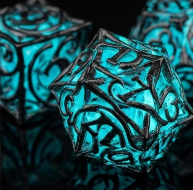7-piece metal DND dice set — dark metal with cyan glow-in-the-dark fill