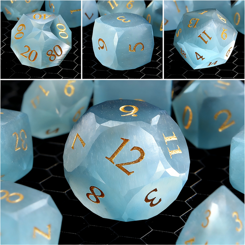 Close-up of silver gray cat's eye stone D20 showing light band effect — tabletop RPG dice