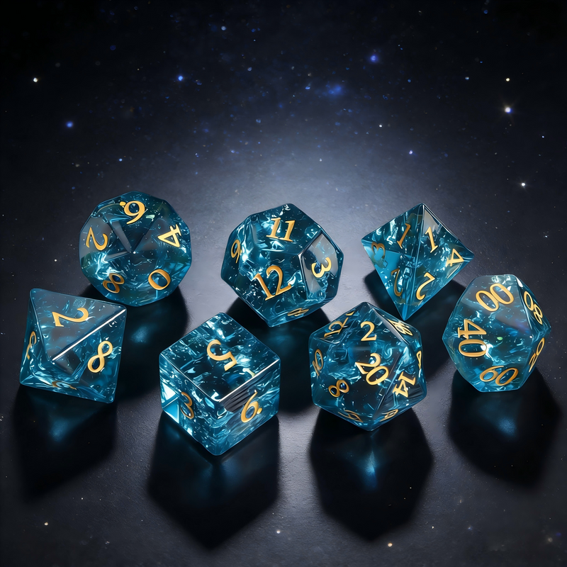 7-piece K9 crystal DND dice set — clear blue with internal shattered fracture pattern