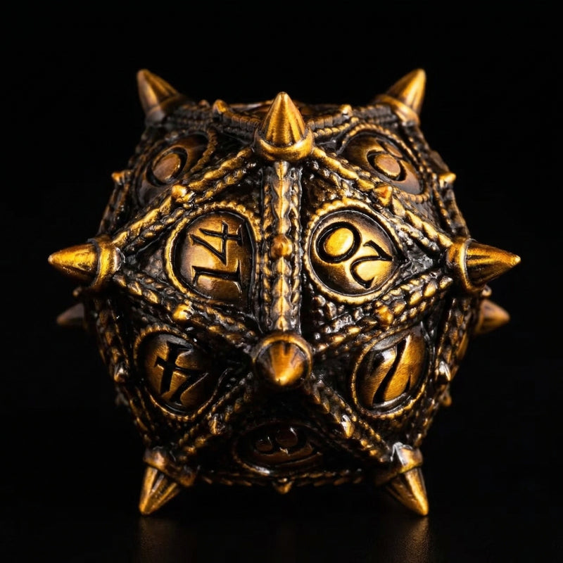 Metal polyhedral dice for Dungeons and Dragons — dark charcoal with golden dragon eye motifs zinc alloy