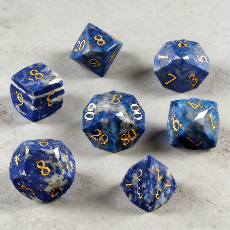 7-piece lapis lazuli DND dice set including D4 D6 D8 D10 D12 D20 — deep blue with gold veining and diamond-cut facets