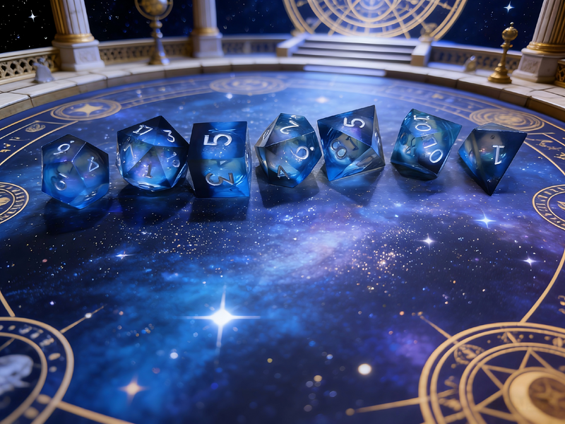 clear with swirling iridescent liquid core polyhedral dice set — D4 D6 D8 D10 D12 D20 for D&D 5e