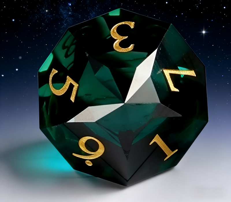 Close-up of K9 crystal D20 die — rich olive green with sharp diamond facets for tabletop RPG