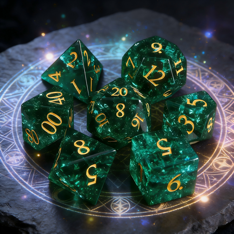 7-piece K9 crystal DND dice set — cool green with broken jade fracture pattern