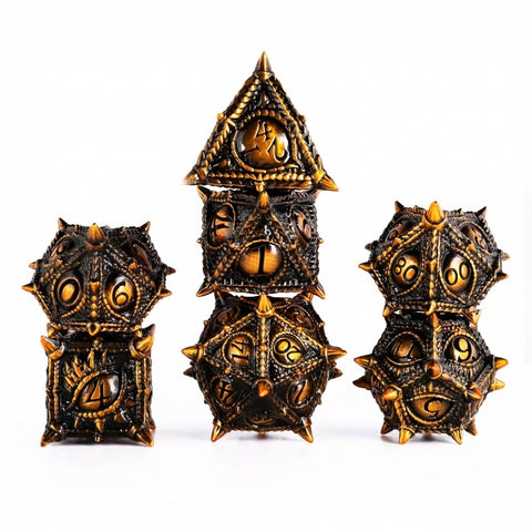Dragon Eye Golden Pupil Metal Dice Set — metal polyhedral dice for D&D